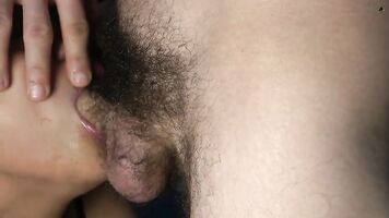 Smelling and sucking hairy dick close up ending inside throat. Throbbing dick